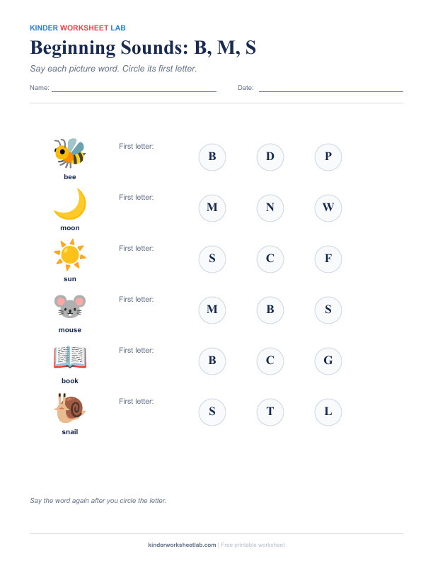 Beginning Sounds: B, M, S worksheet preview