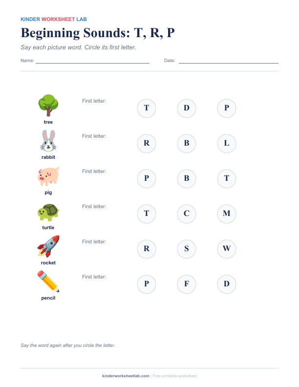 Beginning Sounds: T, R, P worksheet preview