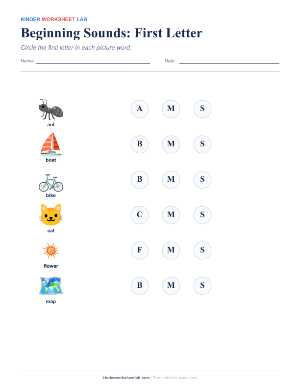 Beginning Sounds: First Letter worksheet preview