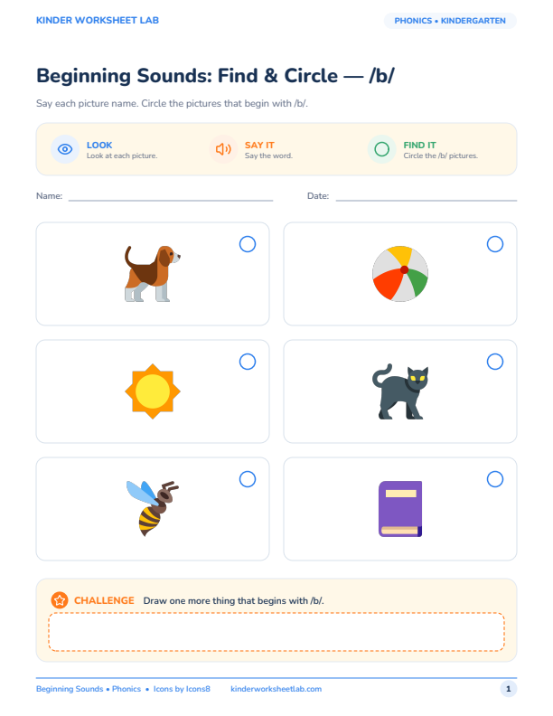 Beginning Sounds: Find & Circle — /b/ worksheet preview