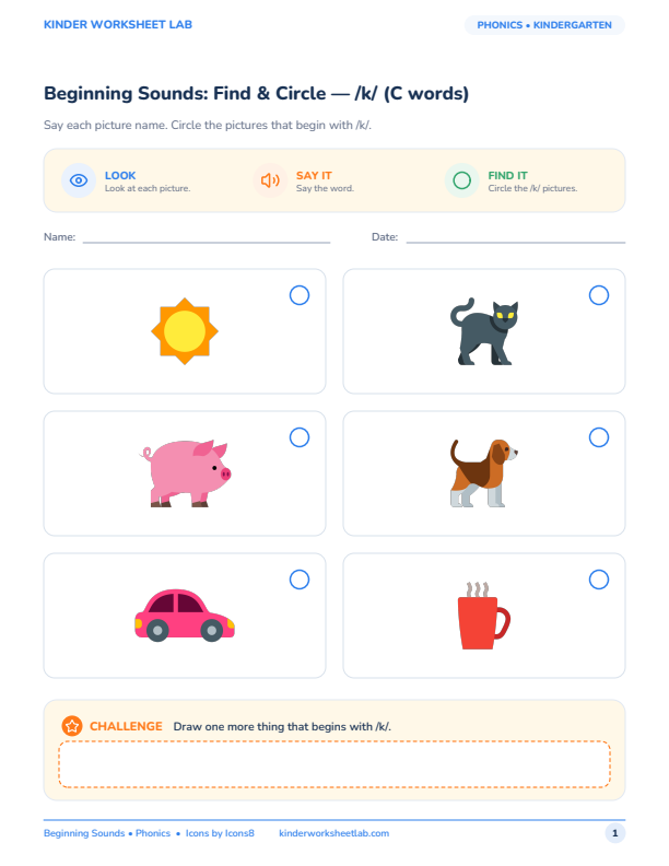 Beginning Sounds: Find & Circle — /k/ (C words) worksheet preview