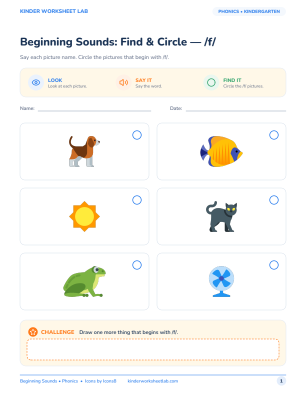 Beginning Sounds: Find & Circle — /f/ worksheet preview