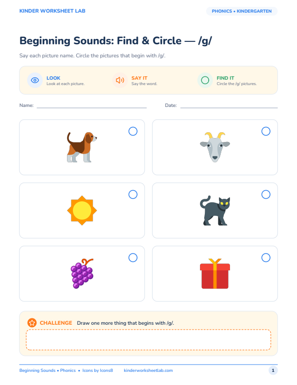 Beginning Sounds: Find & Circle — /g/ worksheet preview