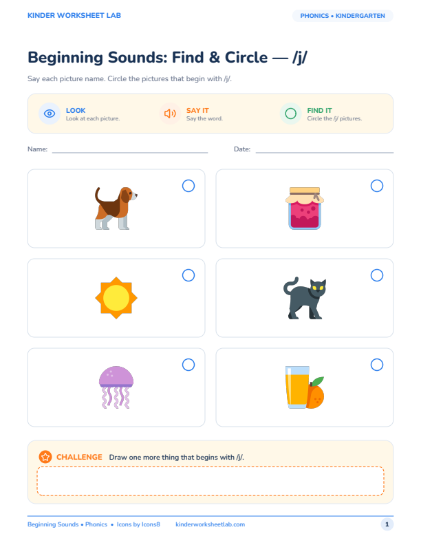 Beginning Sounds: Find & Circle — /j/ worksheet preview