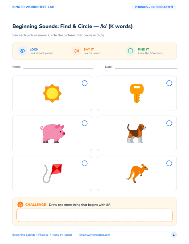 Beginning Sounds: Find & Circle — /k/ (K words) worksheet preview