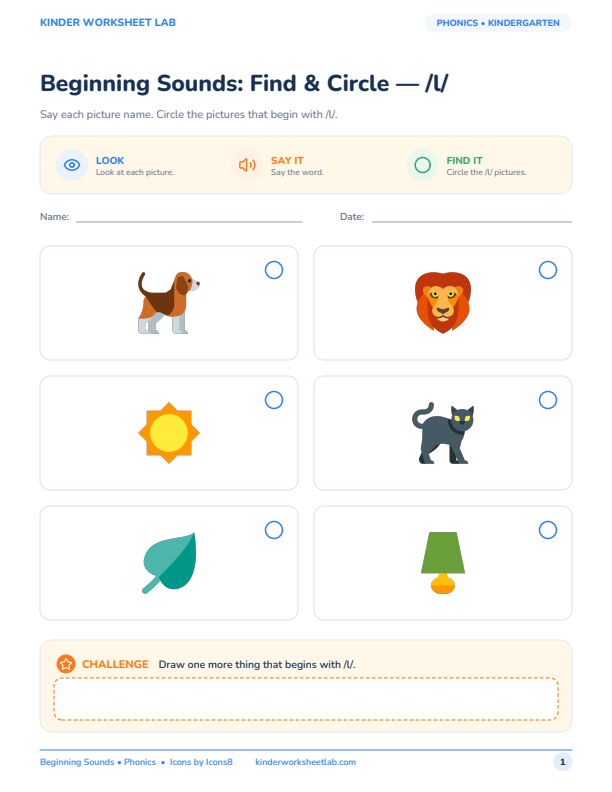 Beginning Sounds: Find & Circle — /l/ worksheet preview
