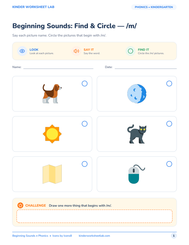 Beginning Sounds: Find & Circle — /m/ worksheet preview