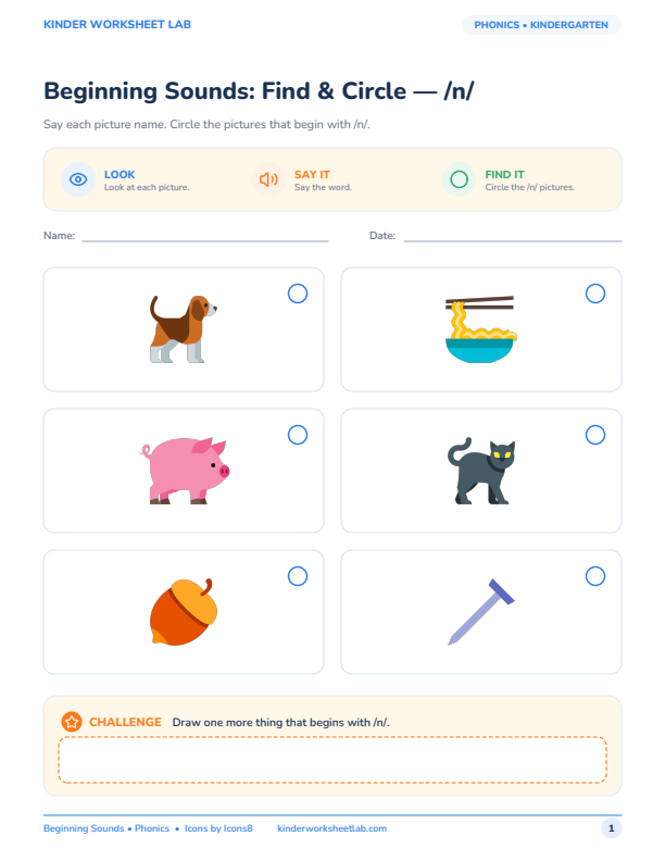 Beginning Sounds: Find & Circle — /n/ worksheet preview