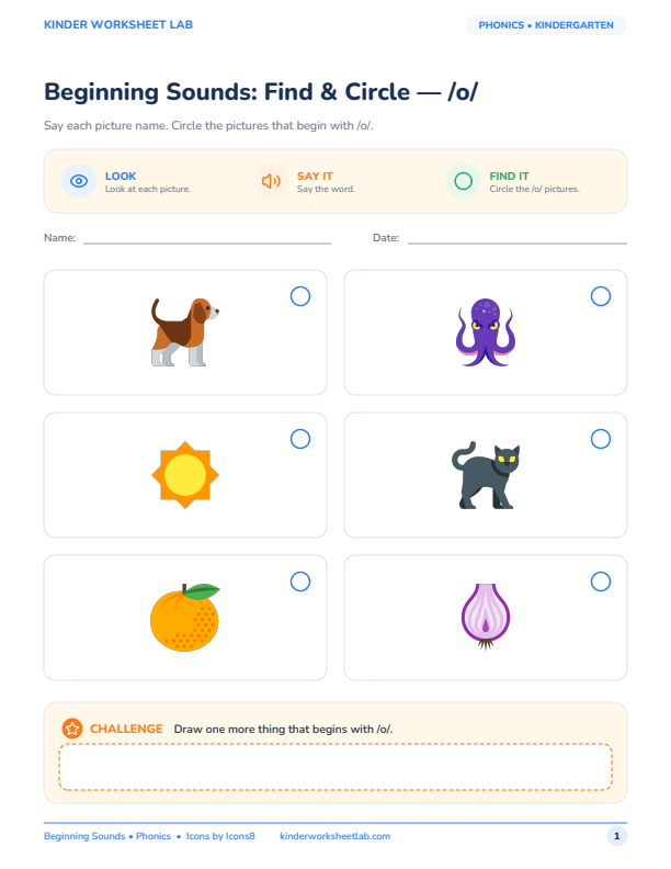 Beginning Sounds: Find & Circle — /o/ worksheet preview