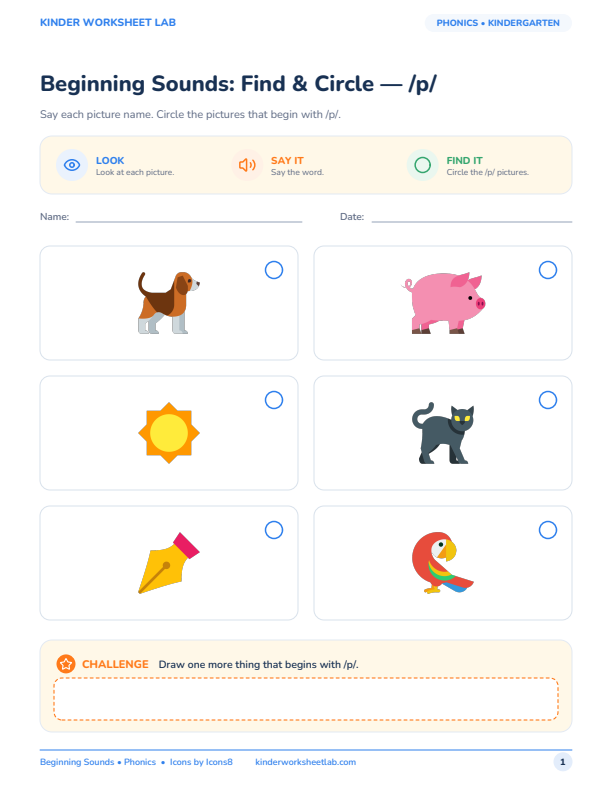 Beginning Sounds: Find & Circle — /p/ worksheet preview