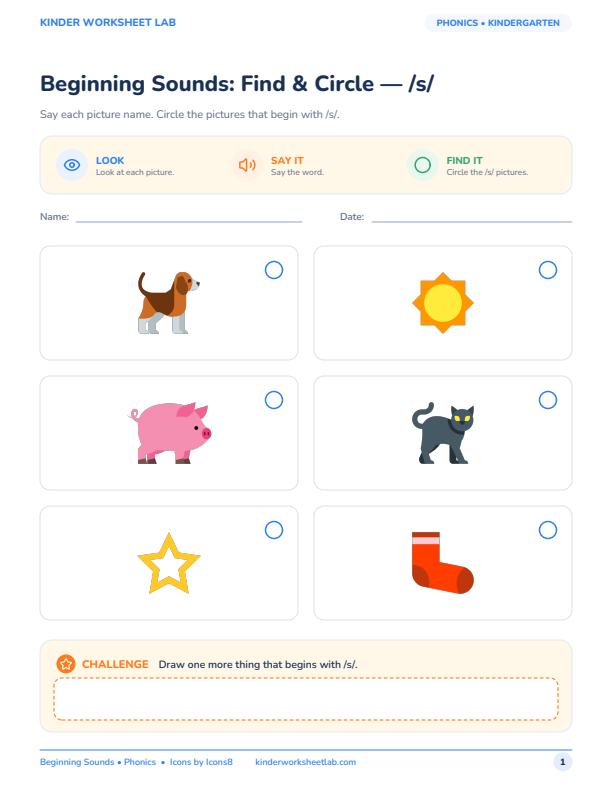 Beginning Sounds: Find & Circle — /s/ worksheet preview
