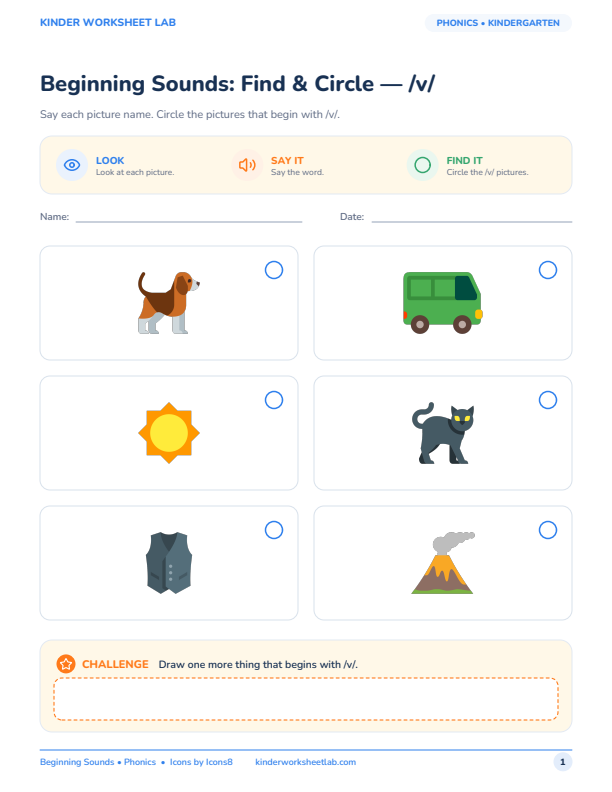 Beginning Sounds: Find & Circle — /v/ worksheet preview