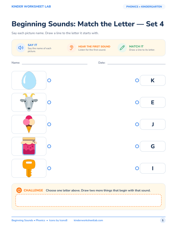Beginning Sounds: Match the Letter — Set 4 worksheet preview