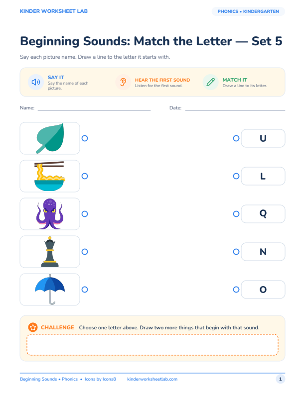 Beginning Sounds: Match the Letter — Set 5 worksheet preview