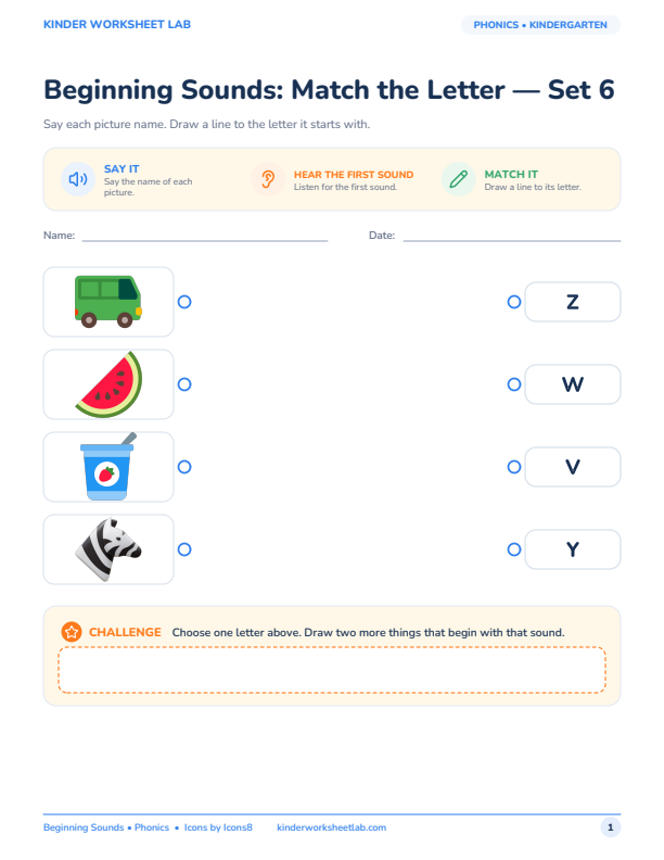 Beginning Sounds: Match the Letter — Set 6 worksheet preview