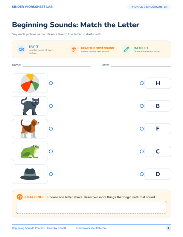 Beginning Sounds: Match the Letter worksheet preview