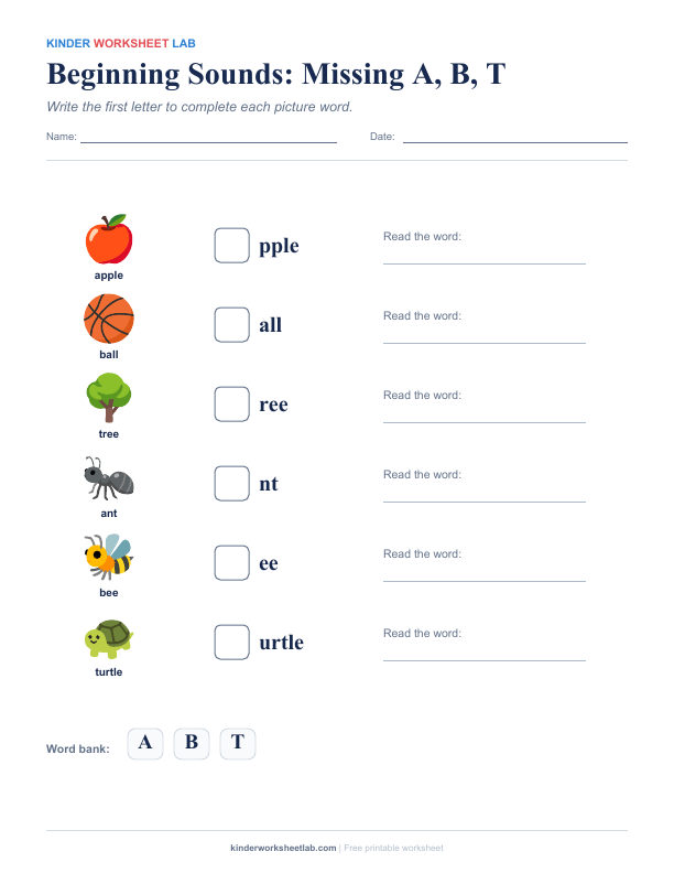 Beginning Sounds: Missing A, B, T worksheet preview