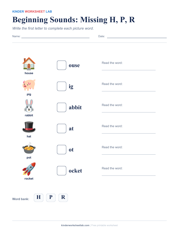 Beginning Sounds: Missing H, P, R worksheet preview