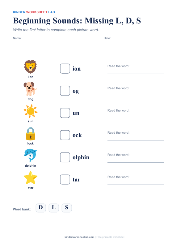 Beginning Sounds: Missing L, D, S worksheet preview