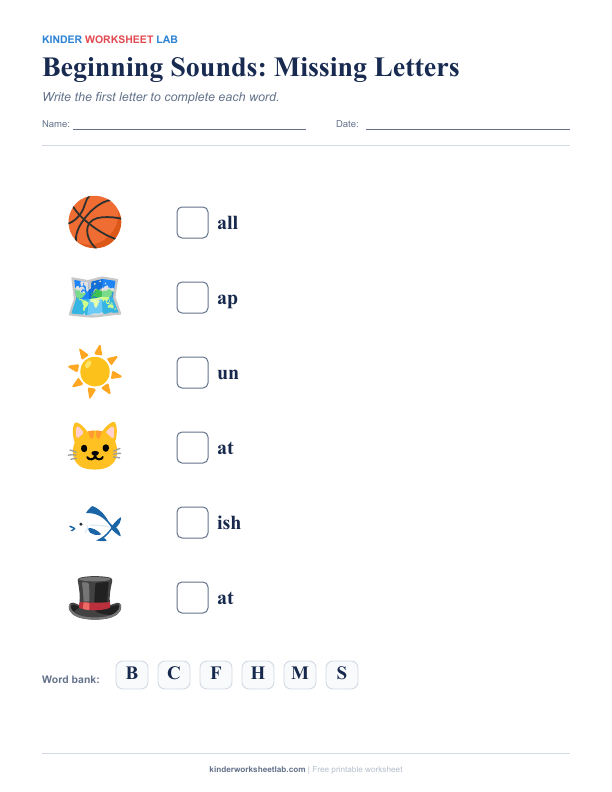 Beginning Sounds: Missing Letters worksheet preview