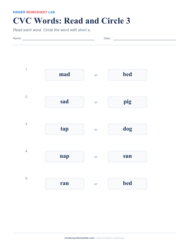 CVC Words: Read and Circle 3 worksheet preview