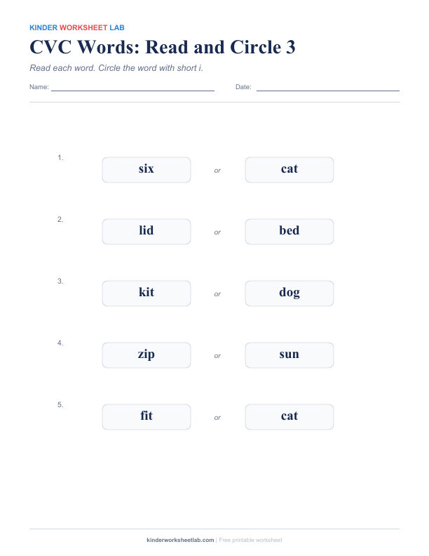 CVC Words: Read and Circle 3 worksheet preview