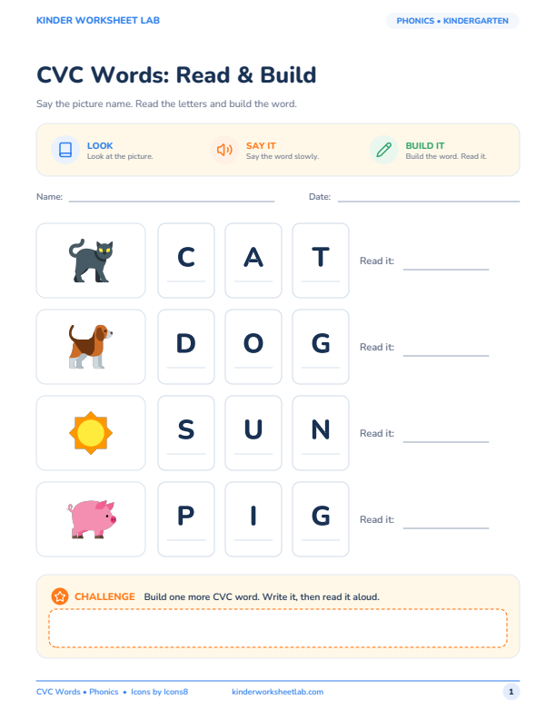 CVC Words: Read & Build worksheet preview