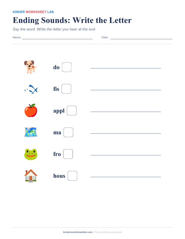 Ending Sounds: Write the Letter worksheet preview