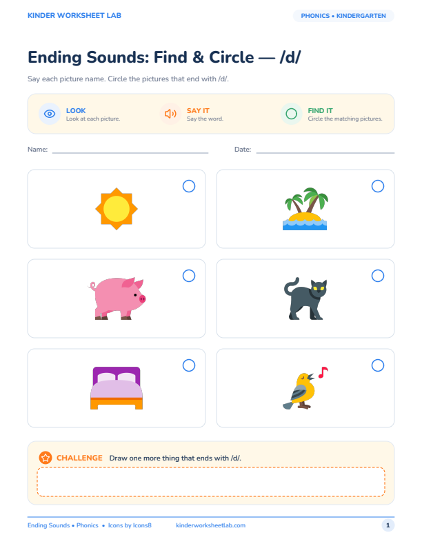 Ending Sounds: Find & Circle — /d/ worksheet preview
