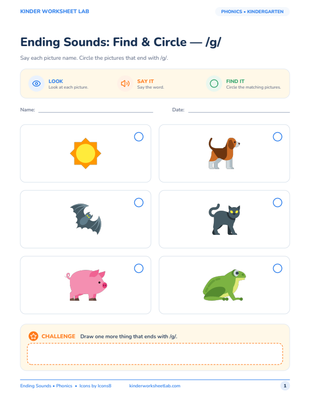 Ending Sounds: Find & Circle — /g/ worksheet preview