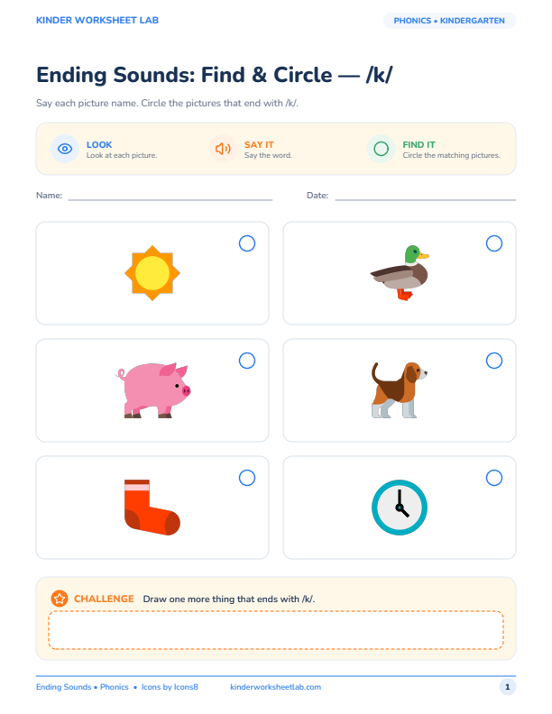 Ending Sounds: Find & Circle — /k/ worksheet preview