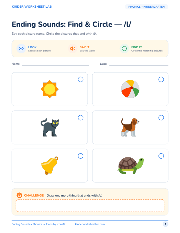 Ending Sounds: Find & Circle — /l/ worksheet preview