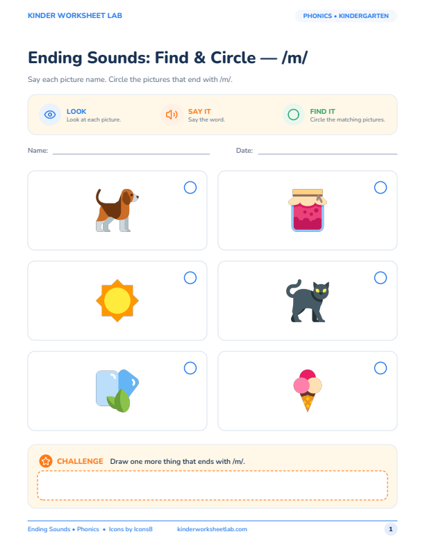 Ending Sounds: Find & Circle — /m/ worksheet preview