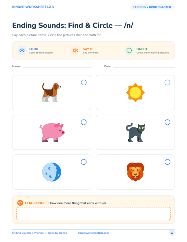 Ending Sounds: Find & Circle — /n/ worksheet preview