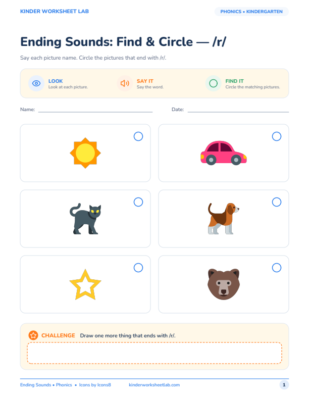 Ending Sounds: Find & Circle — /r/ worksheet preview