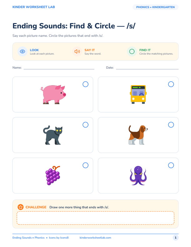 Ending Sounds: Find & Circle — /s/ worksheet preview