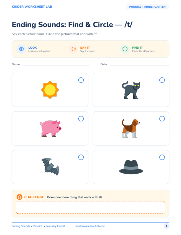 Ending Sounds: Find & Circle — /t/ worksheet preview