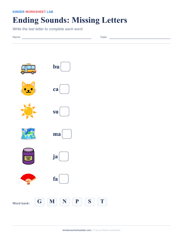 Ending Sounds: Missing Letters worksheet preview