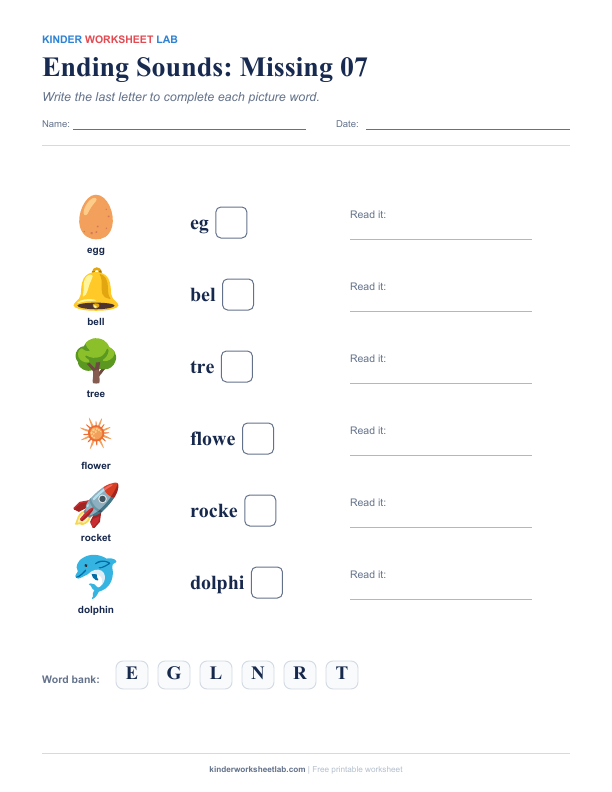 Ending Sounds: Missing 07 worksheet preview