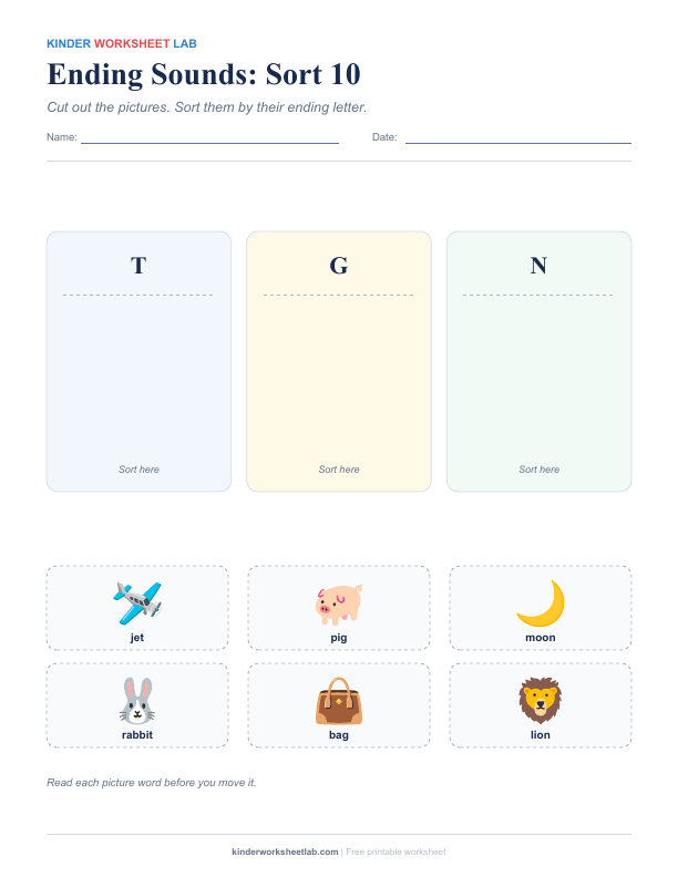 Ending Sounds: Sort 10 worksheet preview