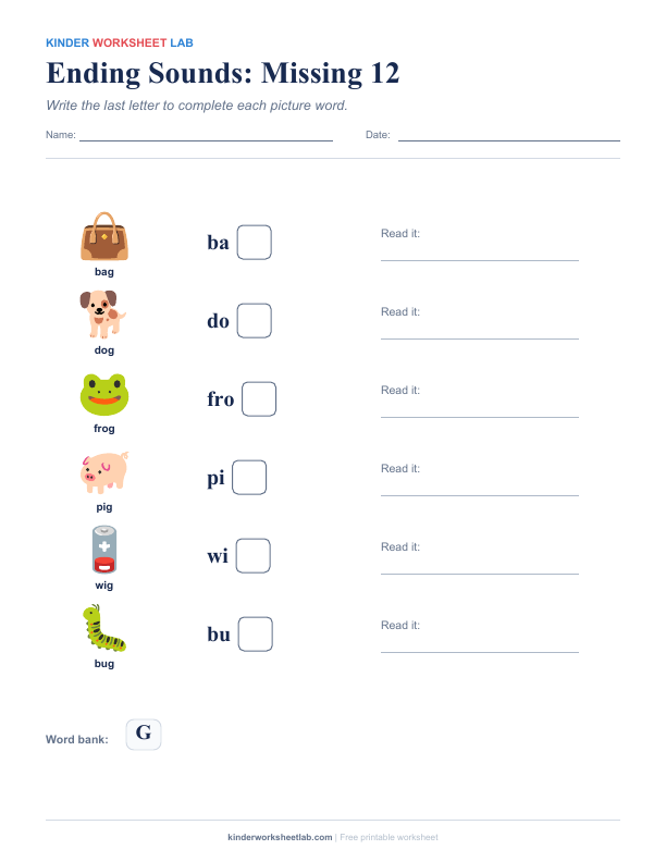 Ending Sounds: Missing 12 worksheet preview