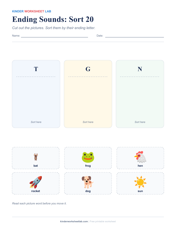 Ending Sounds: Sort 20 worksheet preview