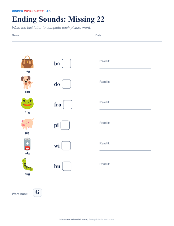 Ending Sounds: Missing 22 worksheet preview