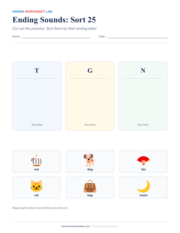 Ending Sounds: Sort 25 worksheet preview