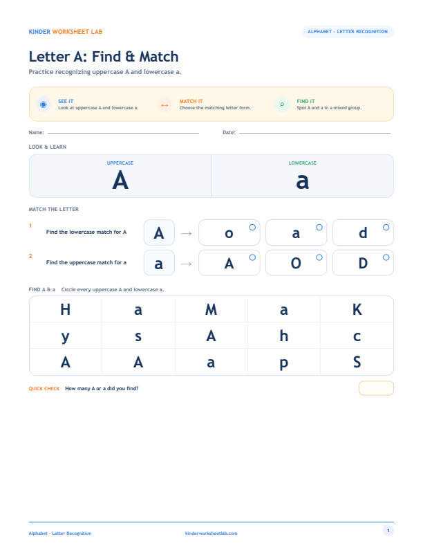 Letter A: Find & Match worksheet preview