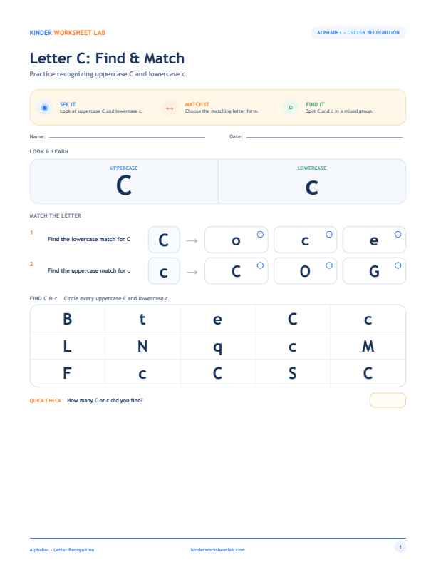 Letter C: Find & Match worksheet preview