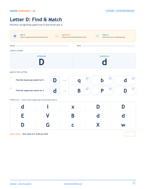 Letter D: Find & Match worksheet preview