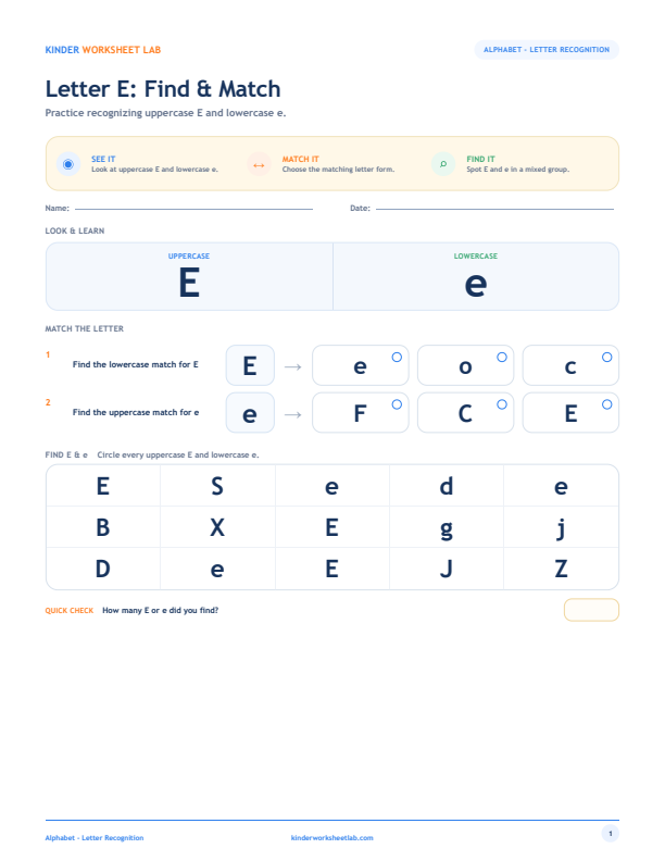 Letter E: Find & Match worksheet preview