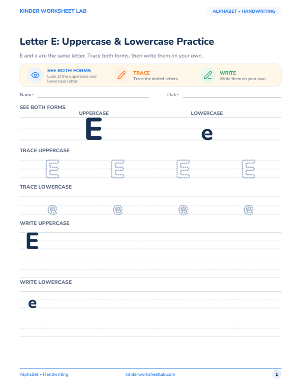 Letter E: Uppercase & Lowercase Practice worksheet preview