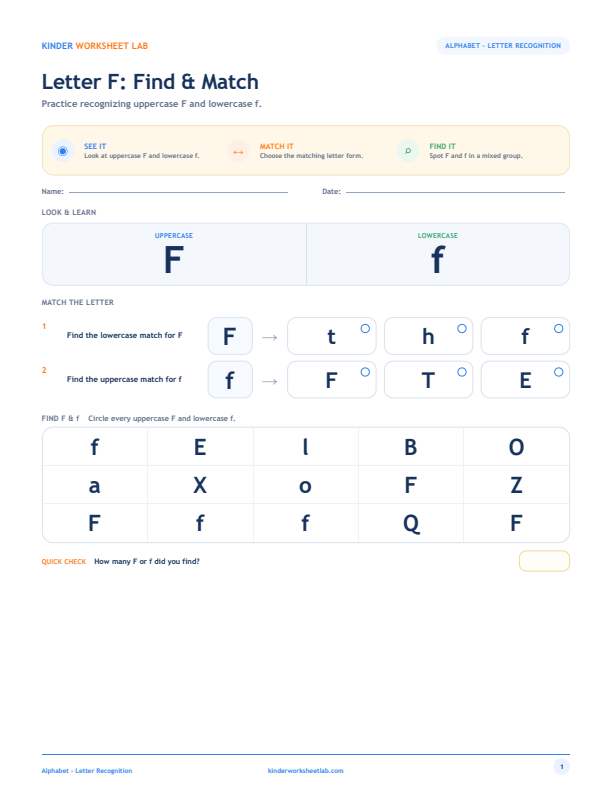Letter F: Find & Match worksheet preview